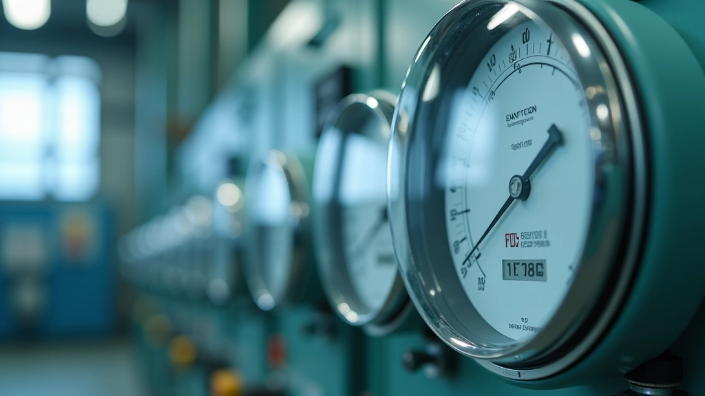 Nahaufnahme von Stromzählern und Energieverbrauchsmessgeräten in einer Fabrik, industrielle Energieüberwachung