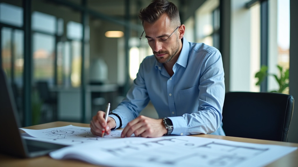 Ingenieur analysiert technische Zeichnungen und Produktionspläne in modernem Büro