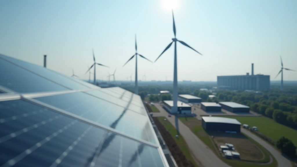 Industrielle Fabrik mit erneuerbaren Energiequellen im Hintergrund