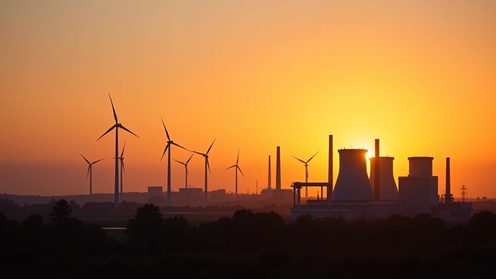 Industrieanlage mit Windkraftanlagen im Hintergrund bei Sonnenuntergang