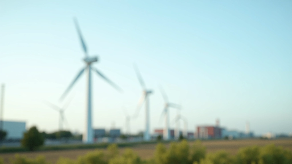 Moderne Windkraftanlage in industrieller Landschaft mit Fabriken im Hintergrund, Symbol für Energiewende-Integration