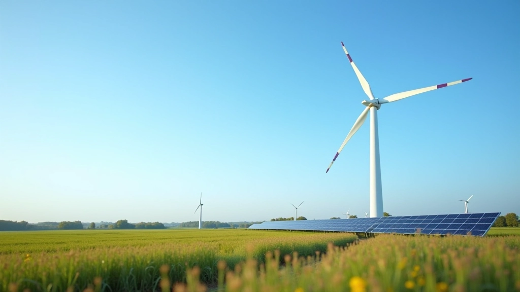 Windkraftanlage und Solarmodule nebeneinander in deutschem Landschaftssetting
